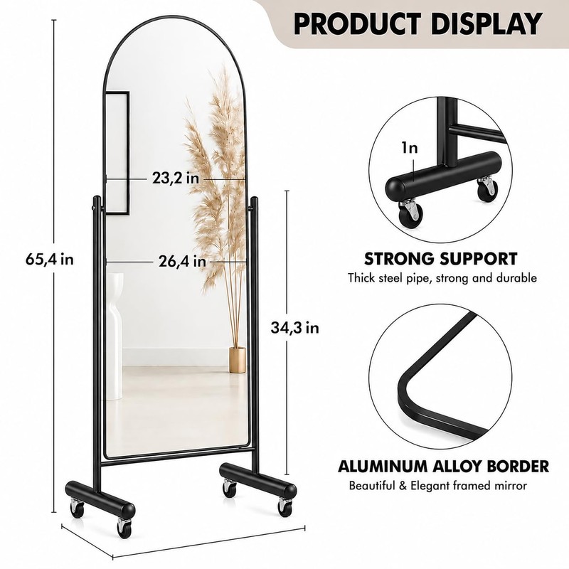 Arched Full Length Mirror with Wheels 65" x 24", Adjustable