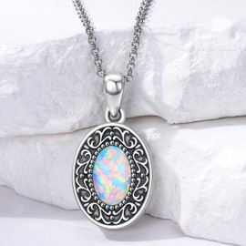 enjoylifecreative Opal Locket Necklace for Women 925 Sterling Silver Oval Vintage Filigree Picture Locket Necklace Opal Photo Locket Pendant Jewellery Gifts for Mom Daughter Wife