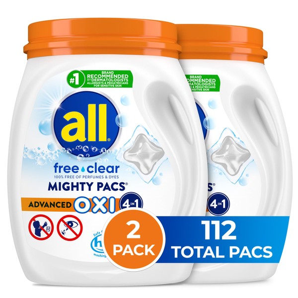 All Mighty Pacs Laundry Detergent with OXI Stain Removers and Whiteners, Free Clear, 56 Count, Pack of 2, 112 Total Loads