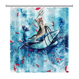 SDOTPMT 122 x 183 cm Funny Cat Shower Curtain Cute Cat Riding Whale Ocean Wave Bath Curtain Cartoon Red Fish Blue Bath Curtain Fabric Waterproof for Bathroom Bath Curtain with Hooks