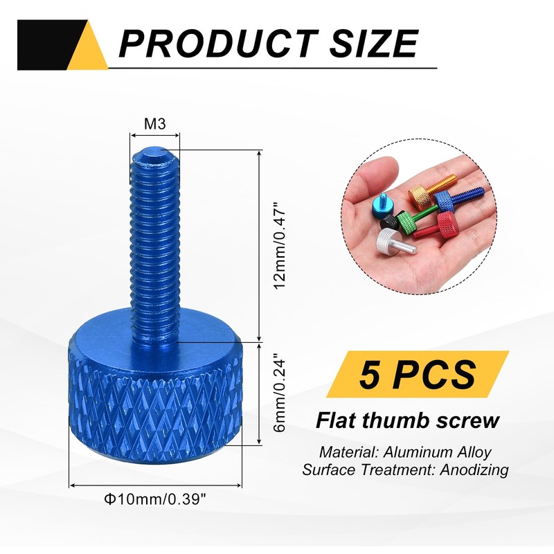 sourcing map 5 Pcs M3x12mm Flat Head Knurled Thumb Screws,