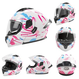 Adult Modular Motorcycle Helmets, DOT Approved Flip up Dual Visor Full Face Helmet for Men Women Moto ATV UTV Snowmobile ADV Four Wheeler Street Bike with Gloves & Mask (Pink Blue White, L)
