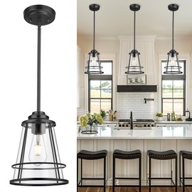 Pendant Lights Kitchen Island Black 8 Inch Large Pendant Light With Clear Glass Industrial Farmhouse Cage Hanging Lights Fixture for Kitchen Dining Room Bedroom Hallway Foyer (1 Pack), ZCPL108BK-L