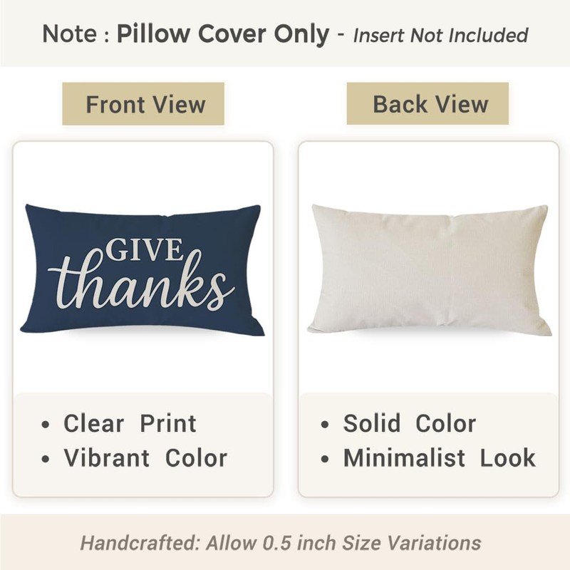 Decorative Throw Pillow Cover 12x20 Inch Give Thanks, Navy Blue