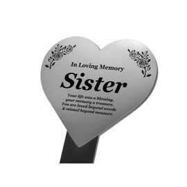 Sister Memorial Stake for Cemetery ¦ Remembrance Heart Plaque Stake for Sister ¦ Metallic SILVER Temporary Grave Marker ¦ Sister Memorial Plaque for Grave ¦ Waterproof Tribute Sister Plant Marker
