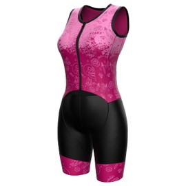 Sparx Women's Triathlon Suit One Piece Sleeveless Full Zipper Tri Suit Quick Drying Running Swimming Cycling (Pink Tattoos, Small)