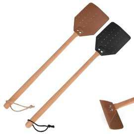 KINBOM 4pcs Leather Fly Swatter, Long Wooden Handle Heavy Duty Manual Fly Swatters with Hanging Rope for Home Kitchen Indoors Outdoors (Black, Brown)