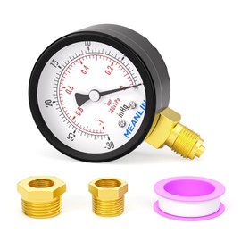 MEANLIN MEASURE -30inHg-0Psi/-1~0Bar Vacuum Pressure Gauge 1/4" BSP 2" FACE DIAL, Lower Mount, with 1/4" x 3/8" BSP and 1/4" x 1/2" BSP Hex Bushing