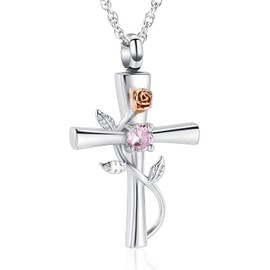 Cross Urn Necklace for Ashes Birthstone Rose Flower Cremation Jewellery for Women Gilrs Keepsake Memorial Ash Pendant, Stainless Steel, No Gemstone