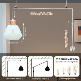 Plug in Pendant Light Cord Kit 5M Transparent Cable Vintage Industrial Hanging Light Pendant Lamp Kit E27 Lamp Holder with White 3D Lampshade Modern Retro Plug in Ceiling Light for Dining Room