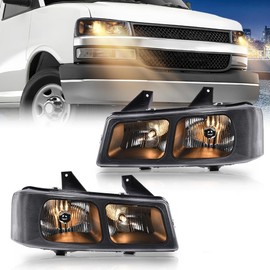 PIT66 Headlights Headlamps w/Bulbs LH&RH Side Compatible with Chevy Express 1500 2003-2014/2500 3500 2003-2023，Fit GMC Savana 1500 2003-2014/2500 3500 2003-2023，Clear Lens Black Housing