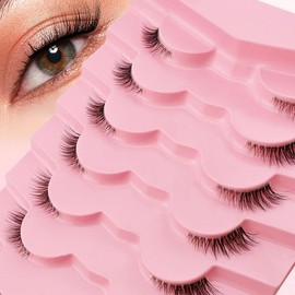 Fluffy False Eyelashes, 7 Pairs/tray Wispy Faux Strip Lashes with Clear Stem, Natural Curling Eye Makeup Strip Lashes for Women & Girls, Christmas Gift