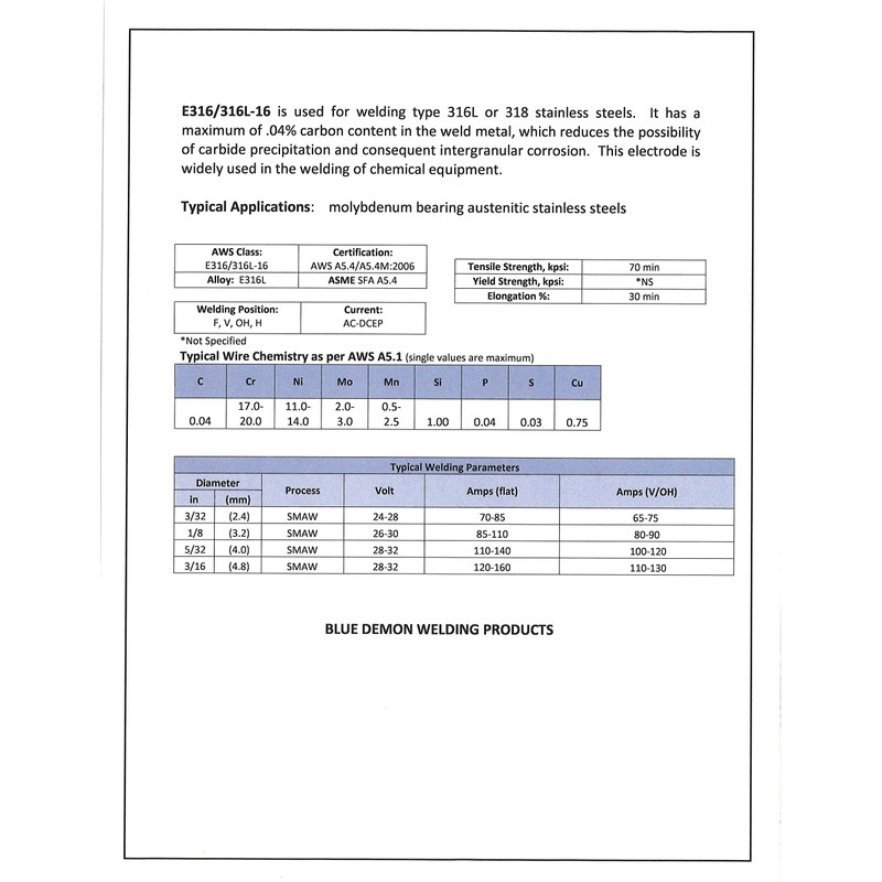Blue Demon E316L X 3/32" X 14" X 5LB Plastic