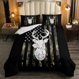 Camo Twin Bedding Set for Boys Army Green Camo American Flag Comforter Set,Teen Camouflage Deer Hunting Bedding Comforter Sets Rustic Farmhouse Woodland Animal Bedding Quilt Black White 1 Pillowcase