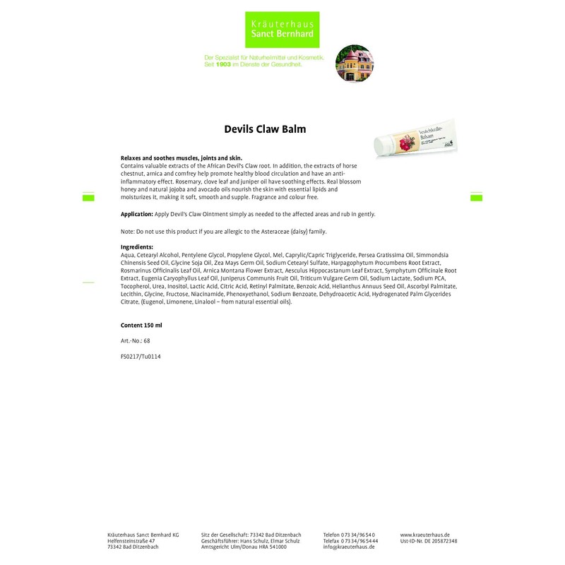 Sanct Bernhard Devil's Claw Balm 150 ml Pack of 1