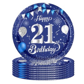 16Pcs Navy Blue 21st Birthday Paper Plates 7inch for Party Decorations - Tableware for Men Him Dinner