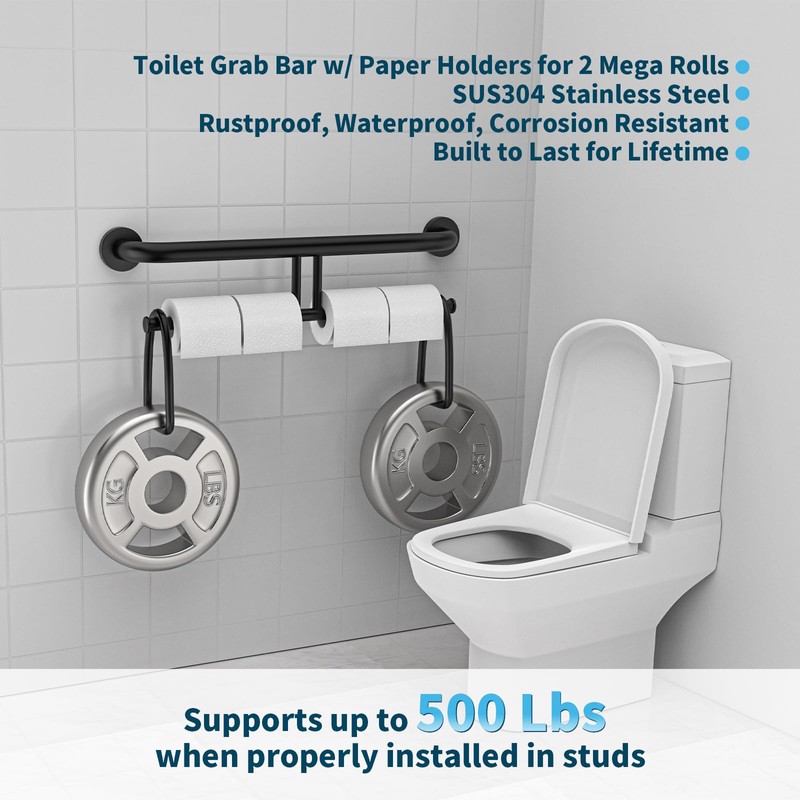24 Inch Grab Bar w/Double Toilet Paper Roll Holder Black,