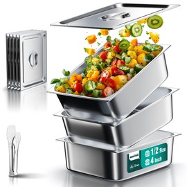 WantJoin Steam Table Hotel Pans with Lid 1/2 Half Size 4 Inch Deep 3 Pack, Thickened Stainless Steel Metal Tray Sets Food Storage Container, Restaurant Chafing Dishes Commercial Buffet Warmer Catering