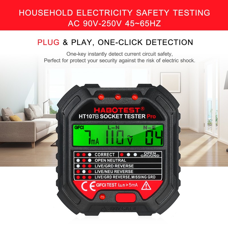 HABOTEST GFCI Outlet Tester with Voltage Display 90-250V Socket Tester
