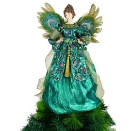 ARCCI 16 inch Christmas Angel Tree Topper, Peacock Green Angel Treetopper with Glitter Feather Wing, Xmas Flying Angel Tree Top Figurine Decorations, Fairy Goddess Holidays Indoor Home Ornaments Decor