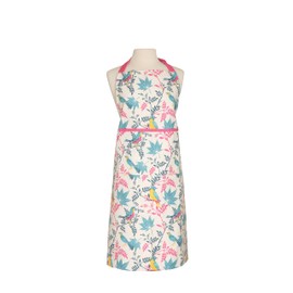 Dexam RHS - Kitchen Apron for Women, Cooking & Baking, Organic Cotton, Adjustable Straps and Pocket, Stone with Botanical Bird Print