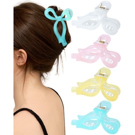 Mesovor 4 Pack Bow Hair Claw Clips for Women, Nonslip 4.3" Large Hair Grip Clawclips for Thin and Thick | Bowknot Hair Strong Hold Hair Jaw Clamps Gifts (Pink, Yellow, Blue, Off-white)
