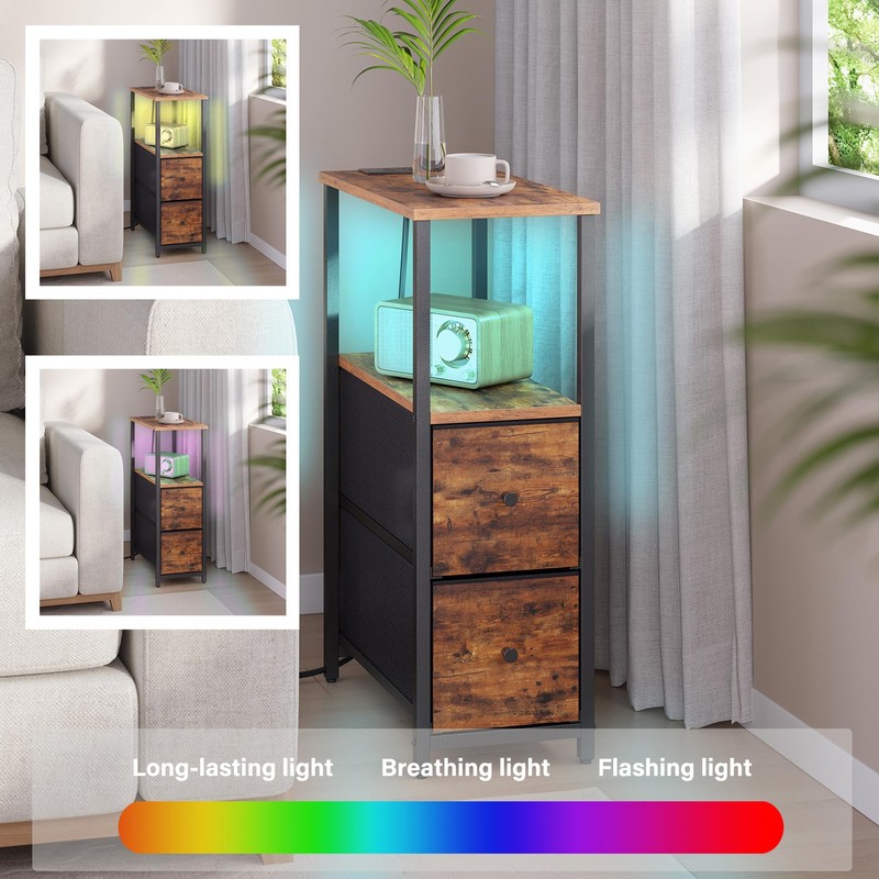 TUTOTAK Small Narrow LED End Table with Charging Station, Side