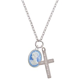 Delight Jewelry Silvertone Small Blue Oval Cameo - Everlasting Love Engraved Cross Zoey Necklace, 28"