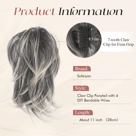 SOFEIYAN Claw Clip Short Ponytail Extension DIY Bendable Wires Hair Bun Fluffy Fake Hair Piece Straight Synthetic Hair Ponytail Extensions for Wonen - Salt and Pepper
