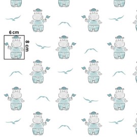 Pingianer Hippo 100% Cotton Fabric, Children, Sold by the Metre, Craft, Sewing Fabric (Hippo Boy Blue, 200 x 160 cm)