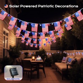 WBao Solar 4th of July Decorations 16.4ft 50 LED Red White Blue Stars String Lights with 20 USA Flag Banners, Waterproof Patriotic Decorations with 8 Modes, Timer for 4th of July Memorial Day Decor