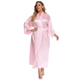 feslieacc Women's Plus Size Long Silk Robes Plus Size Long Satin Robes Bathrobe Sleepwear Pink, 2XL/3XL