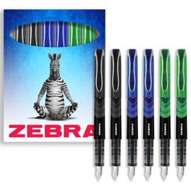 Zebra Fuente Pen - Disposable Fountain Pens - Pack of 6 - Black, Blue, & Green Ink - In Zebra Cardboard Gift Box