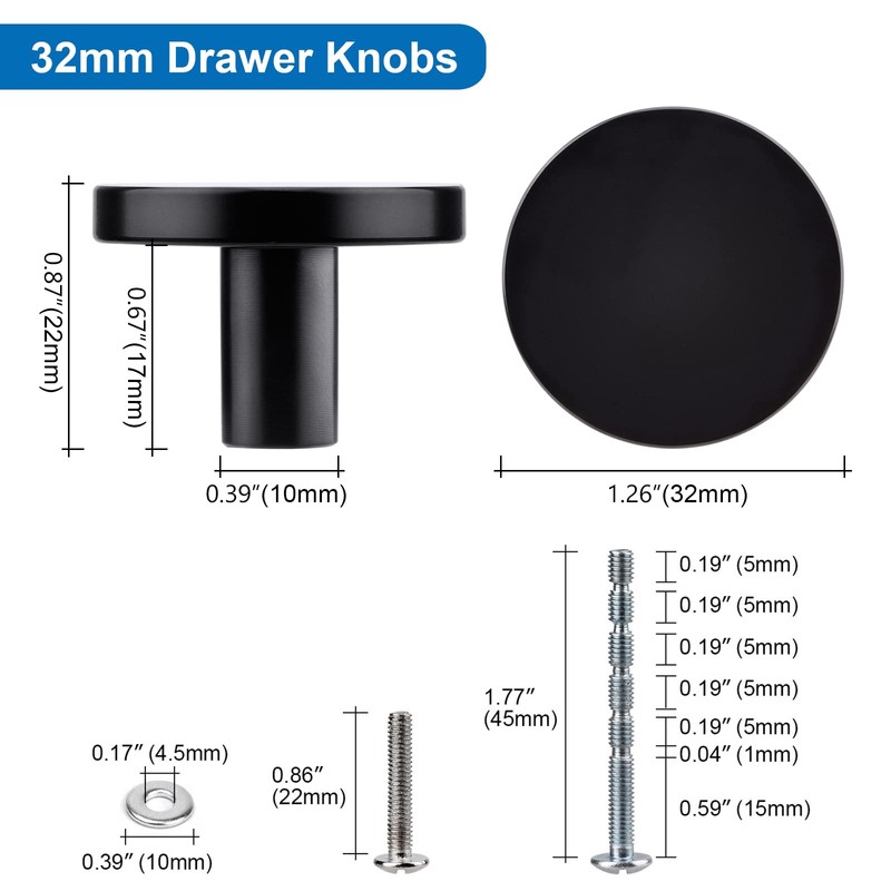 WEAVERBIRD Pack of 4 Black Cupboard Knobs, Round Chest of
