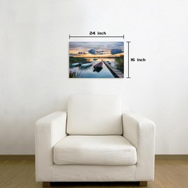 Dream Land Lake Pier Canvas Wall Art: Country Sunset Print Picture Boat Reed Landscape Painting for Bedroom