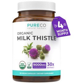 USDA Organic Milk Thistle Capsules - 80% Silymarin Supplement for Liver Support- Super Concentrated 300mg of 30:1 Milk Thistle Extract Equivalent to 9,000mg - Milk Thistle Liver Detox 120 Day Supply