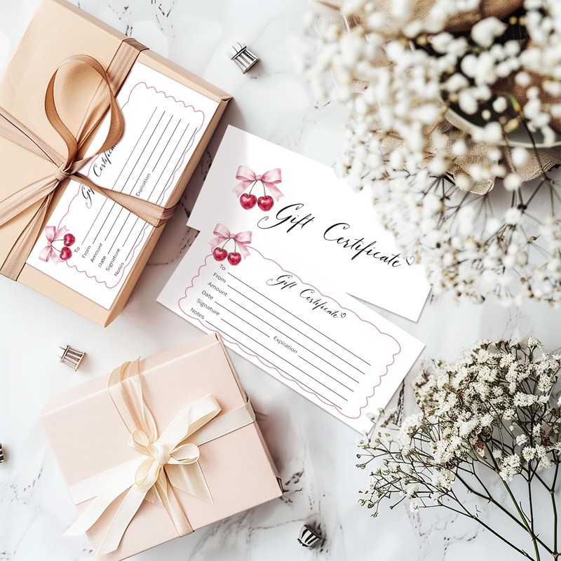 25 Bow Cherry Gift Certificates for Business, Pink Blank Gift