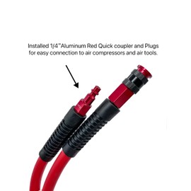 SYXQT Hybrid Air Hose 3/8-Inch x 100FT，300 PSI Heavy Duty Air Compressor Hose, Lightweight, Kink Resistant, All-Weather Flexibility with 1/4-Inch Swivel Solid Aluminum Quick Coupler and Plug,Red