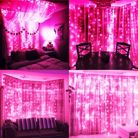 poripori 300 LED Pink Curtain String Lights, Twinkle Fairy Lights for Bedroom with 8 Lighting Modes, USB Christmas Lights for Party Home Bedroom Indoor Wall Room Decor (Pink)