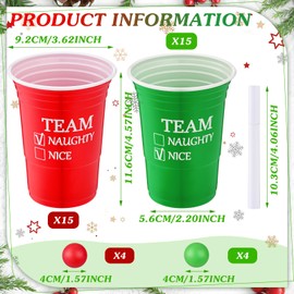 Reallnaive Christmas Party Supplies Team Naughty or Nice Tableware Set,including 16 oz 30 Team Naughty or Nice Reusable Plastic Cups, 8 Red &green Balls and One Pen for Adults Christmas Party Supplies