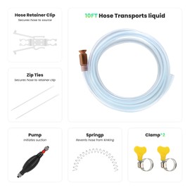 Watflow 10FT Siphon Components Kit, Portable Manual Oil Sucker Pump, with Hose, Hose Retainer Clip, Copper Jiggler, Zip Ties, Shut-off Valve & Spring for Efficient Liquid Transfer