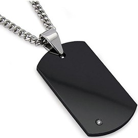 Men's Black Tungsten Carbide Dog Tag with Real Diamond 24" Steel Curb Link Chain