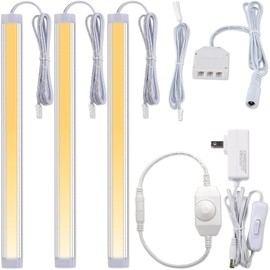 Meigour Under Cabinet LED Light Bar, 12" Bar Light for Kitchen Counter, Collection Display, Curio Cabinet Accent Lighting, Rotary Dimmer Switch, 120VAC Plug in, White Cord, 3 Lights, Warm White