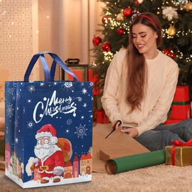 Topeedy 4 Packs Large Size Xmas Gift Bag,41 * 30 * 18cm Christmas Tote Bag with Handles,Reusable Non-woven Shopping Bag with Blue Santa Claus for Christmas Party
