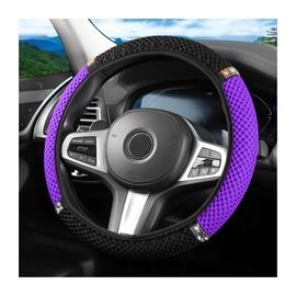 FALVFUN Bling Car Steering Wheel Cover, 15 Inch Crystal Rhinestones Elastic Stretch Breathable Vehicle Steering Wheel Protector for Women Girls, Universal Auto Interior Accessories (Black Purple)