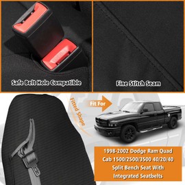 Kistrba Front Truck Seat Cover Compatible with 1998-2002 Dodge Ram Quad Cab 1500-3500, 40/20/40 Split Seat Cover with Integrated Seatbelts, 600D Oxford Durability Heavy Duty, Black