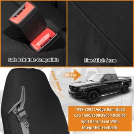 Kistrba Front Truck Seat Cover Compatible with 1998-2002 Dodge Ram Quad Cab 1500-3500, 40/20/40 Split Seat Cover with Integrated Seatbelts, 600D Oxford Durability Heavy Duty, Black
