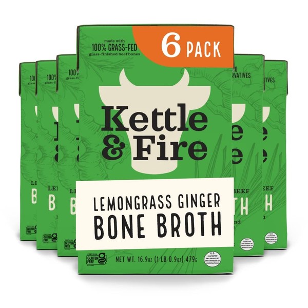 Kettle and Fire Lemongrass Ginger Beef Bone Broth, Keto, Paleo, and Whole 30 Approved, Gluten Free, High in Protein and Collagen, 6 Pack