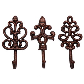 Shabby Chic Cast Iron Decorative Wall Hooks - Rustic - Cooper - Antique - French Country Charm - Large Decorative Hanging Hooks - Set of 3 - Screws and Anchors for Mounting Included