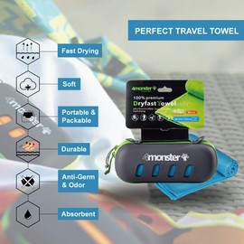 4Monster Microfiber Towel with Carry Case, Super Absorbent Travel Towel, Quick Dry Towel, Camping Towel, Great for Gym, Beach, Swimming, Backpacking and More